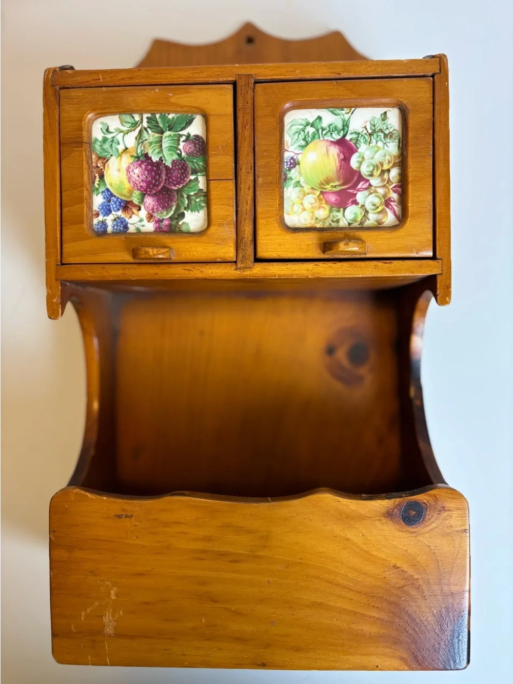 Vintage Wooden Spice Box/Apacathary-Inlay Fruit Tile Drawers-Wall Decor Storage